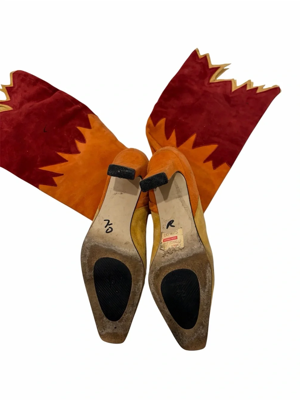 Women’s Suede Flame-Accent Knee Boots in Burgundy, Orange & Yellow